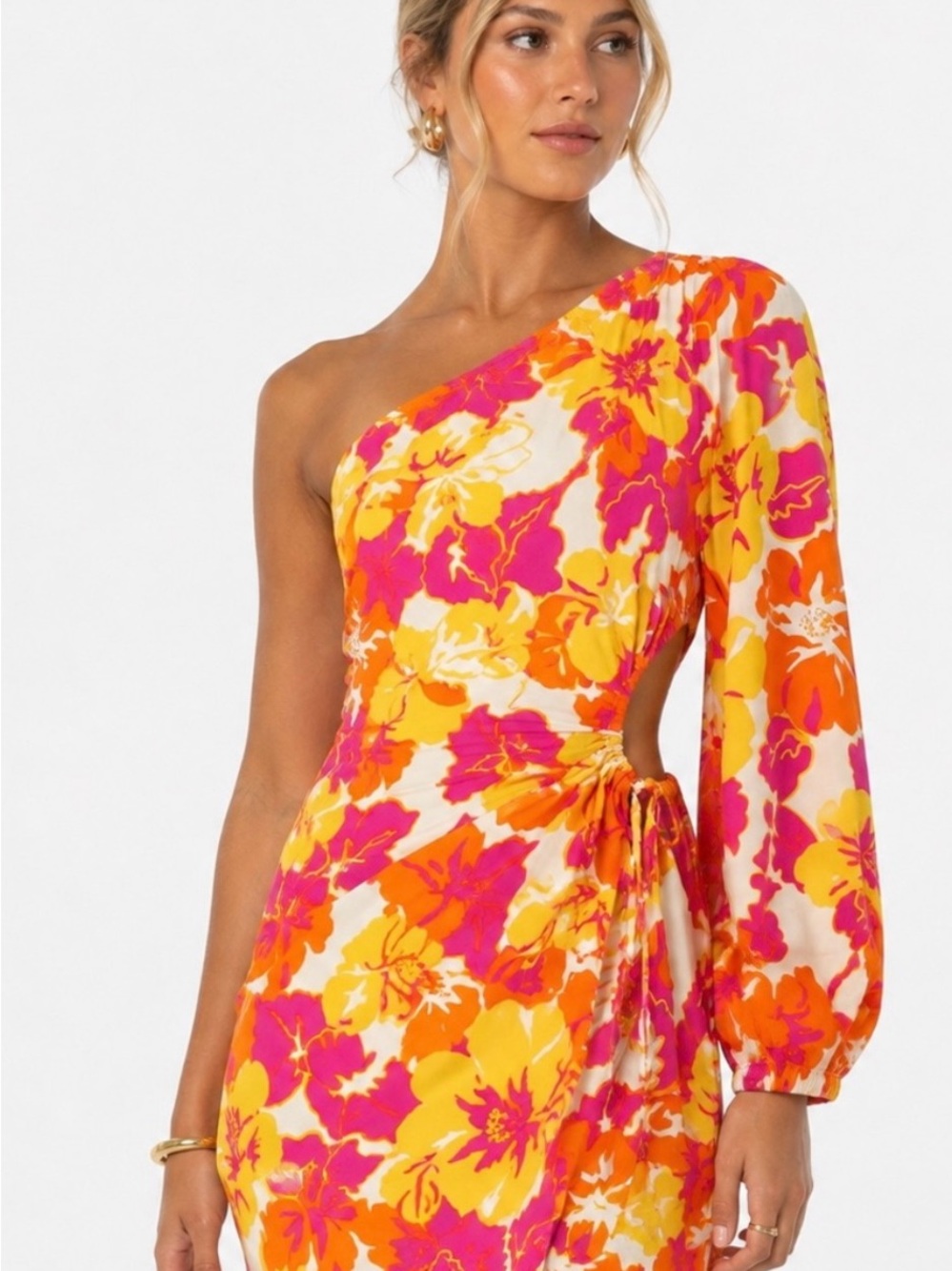 One-Shoulder Floral Midi Dress in Pink & Yellow
